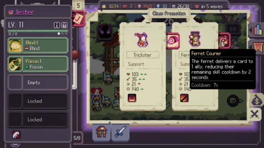 Jester promotion panel with the Ferret Courier tooltip showing one ally, two seconds and cooldown seven seconds